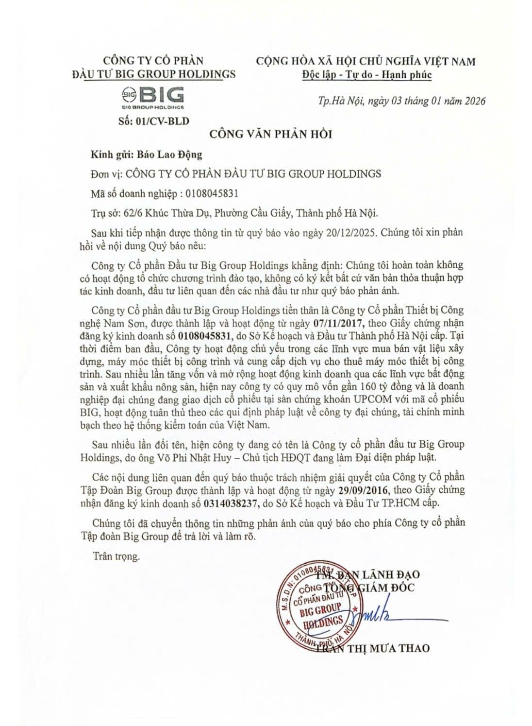 Thông báo làm rõ sự khác biệt giữa Big Group Holdings (Mã: BIG) và các nội dung phản ánh trên báo Lao Động về Công ty CP Tập Đoàn Big Group